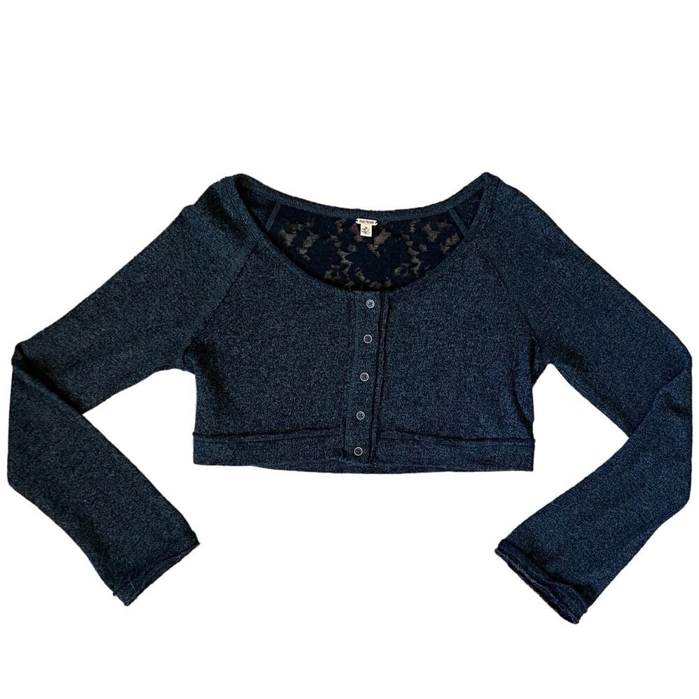 Free People Dark Heathered Gray Crop Long Sleeve Lace Snap Front Top - Small